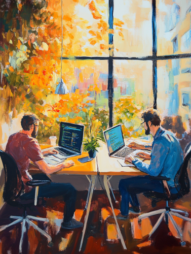 The Bright Happy Office: Developers Writing Code