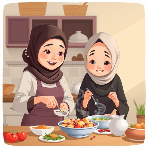 The Cartoon of Mother-Daughter Cooking and Decorating Food The Cartoon of Mother-Daughter Cooking and Decorating Food