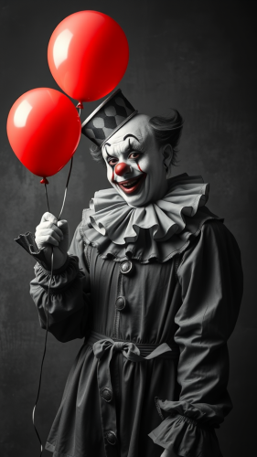 The Clown's Black and White Art with Red Balloon