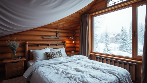 The Cozy Bedroom in the Snowy Wooden Cabin The Cozy Bedroom in the Snowy Wooden Cabin