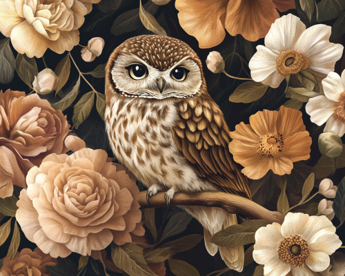 The Cute Owl Among Lush Flowers