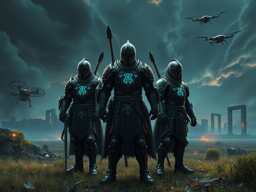 The Cybernetic Slavic Knights Beside Hoverbikes in Ruins
