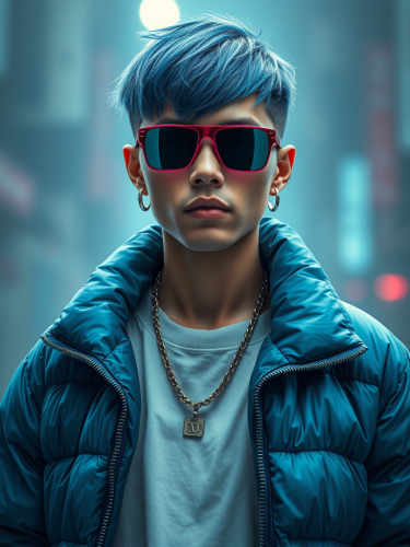 The Cyberpunk Rapper with AI Sunglasses and Blue Jacket