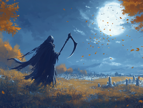The Death Reaper in Dark Cemetery Night Landscapes