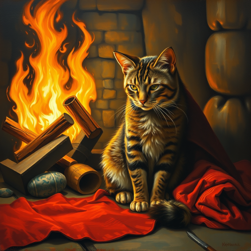 The Disillusioned Knight's Cat Sitting by Fire