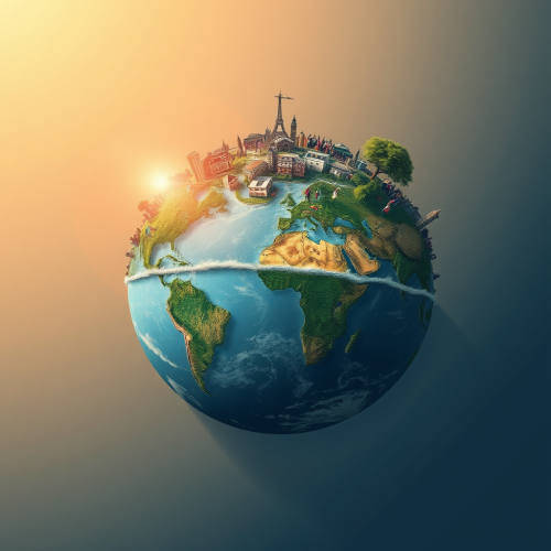 The Earth globe with humans standing on an island.