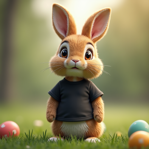 The Easter Bunny in a Black T-Shirt on Grass