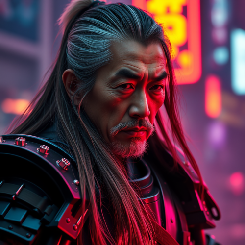 The Elderly Asian Cyberpunk Samurai in Neon Lights