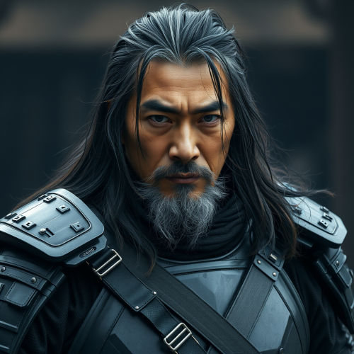 The Elderly Asian Samurai in Cyberpunk Armor