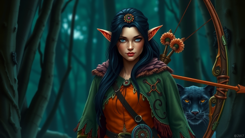 The Elven Archer and Her Panther in Forest
