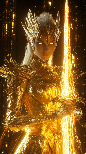 The Elven Queen with Golden Hair and Flaming Sword