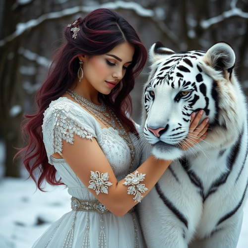 The Enchantress Stroking White Tiger in Winter