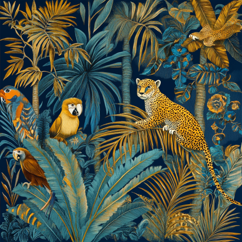 The Exotic Jungle with Gold-Blue Patterned Creatures