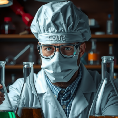 The Faceless Scientist Examining Beakers in Lab