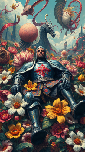 The Fallen Knight's Surreal Battle Amidst Chaos and Beauty