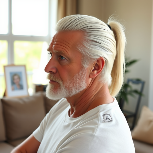 The Fatherly Man with White Ponytail in Living Room