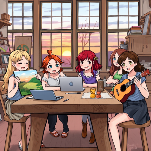 The Four Girls Enjoying Creative Activities at Sunset