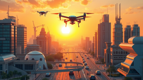 The Futuristic Cityscape at Golden Sunset