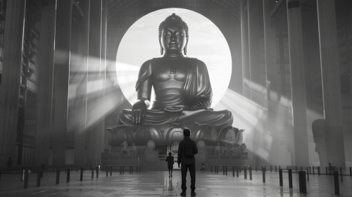 The Giant Buddha Surprises Tiny Wide-eyed Man