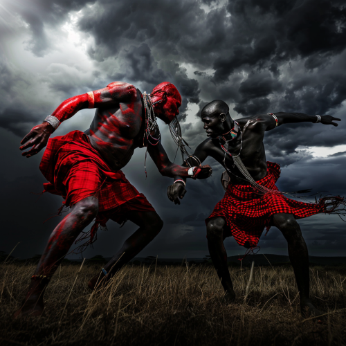 The Giant Masai Warriors Wrestling Under Stormy Sky