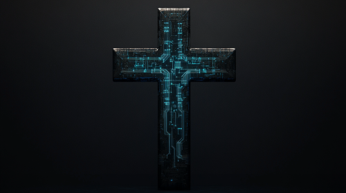 The Glowing Byzantine Cross with Blue Circuit Design