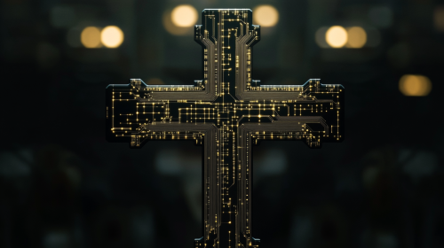 The Glowing Circuit Cross Represents Divine Connection