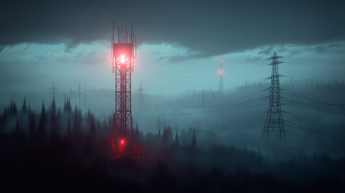 The Glowing Red Tower in the Rainy Landscape