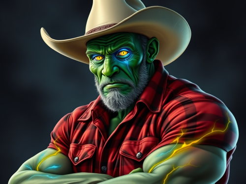 The Green Muscular Cowboy with Glowing Eyes