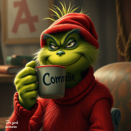The Grinch Holding a 'Comrade' Cup