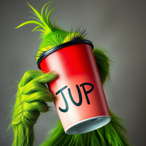 The Grinch Holding a Cup Named JUP