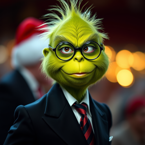 The Grinch in Black Suit and Circular Glasses