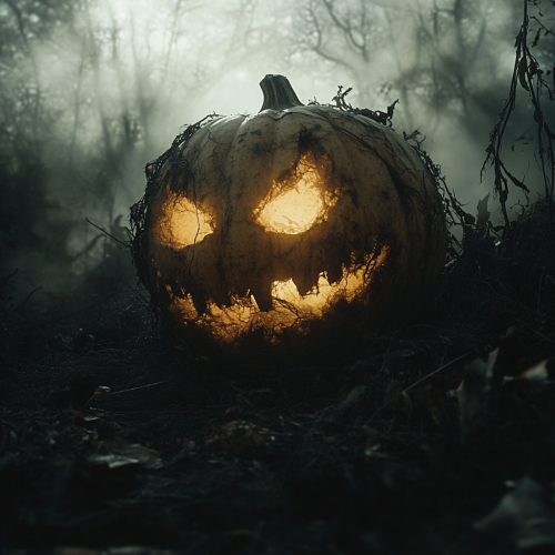The Halloween jack-o'-lantern glowing in eerie cemetery