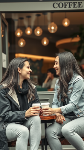 The Happy Young Couple Enjoying Coffee Outdoors