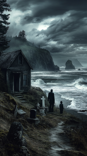 The Haunting Coastal Town: Grieving Family by Grave