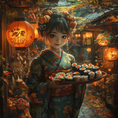 The Japanese Girl in Halloween Costume with Sushi