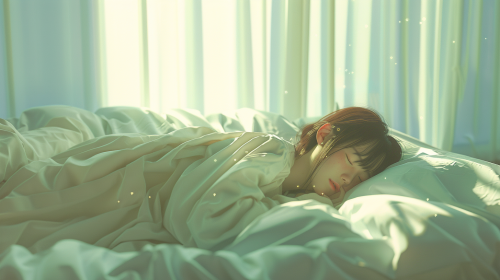 The Japanese woman peacefully sleeps in cozy bed.