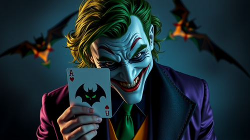 The Joker Holding Batman Card in Purple Outfit