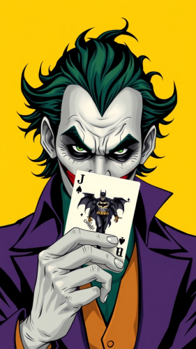 The Joker Holding Batman Card in Purple Outfit