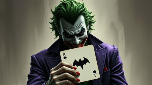 The Joker Holding Batman Card in Purple Outfit