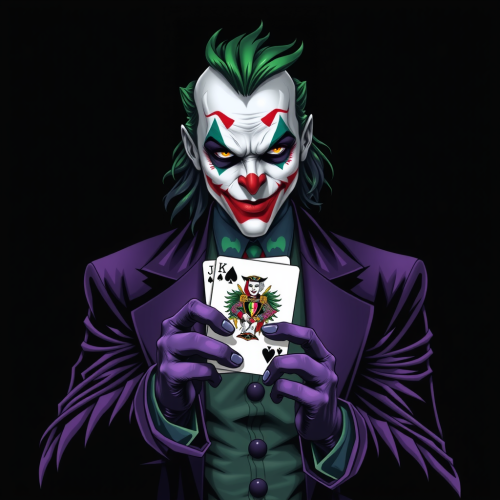 The Joker Holding Batman Card on Black Background