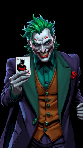 The Joker Holding Batman Card on Black Background
