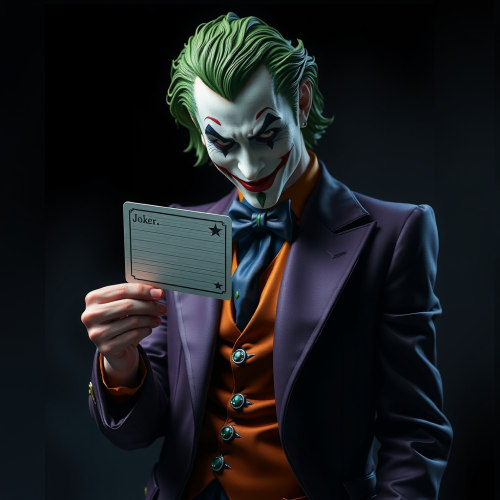 The Joker Holding Batman Card on Black Background