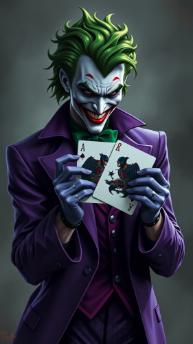 The Joker Holding Batman Joker Card in Purple
