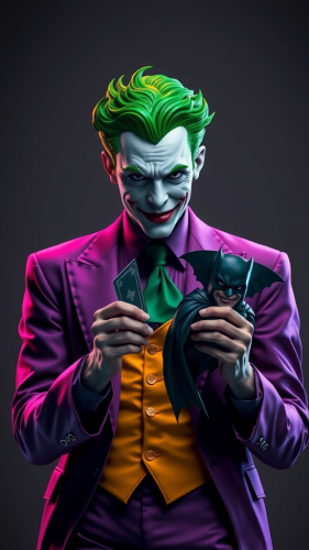 The Joker holding Batman card with Green Hair