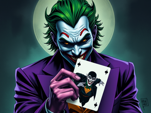 The Joker with Green Hair Holding Batman Card