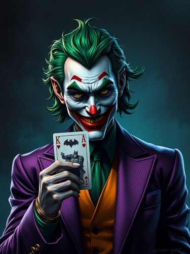 The Joker with Green Hair Holding Batman Card