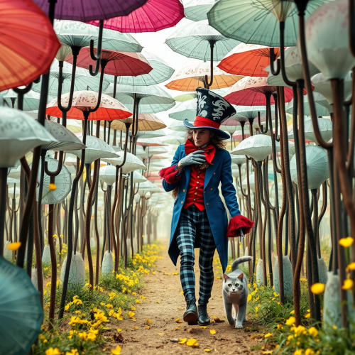 The Mad Hatter with Cheshire Cat in Abstract Umbrella Grove