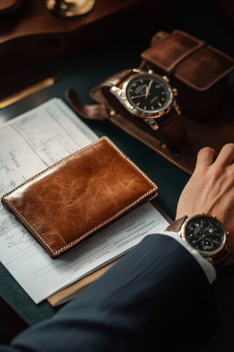 The Man's desk with expensive watch and documents