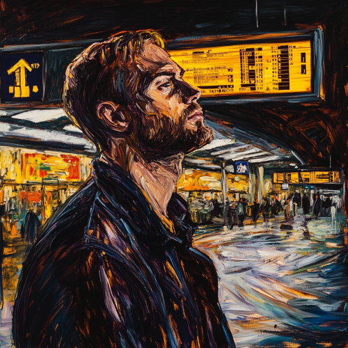 The Man at Airport with Vibrant, Swirling Energy