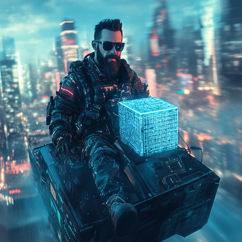 The Man in Cyberpunk Boat with Blue Cube. The Man in Cyberpunk Boat with Blue Cube.